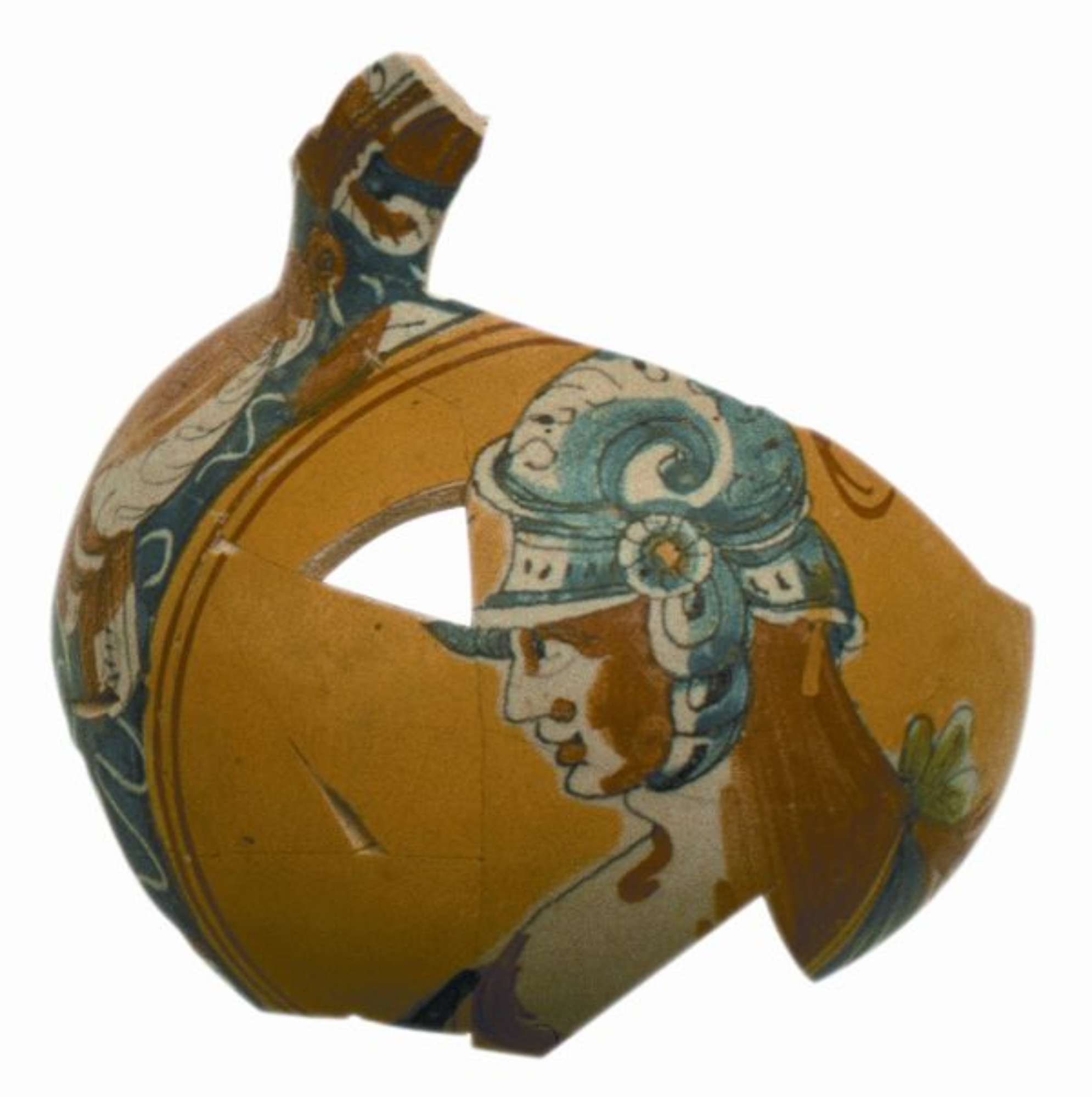 Maiolica con medaglione centrale recante busto maschile elmato, seconda metà sec. XVI 